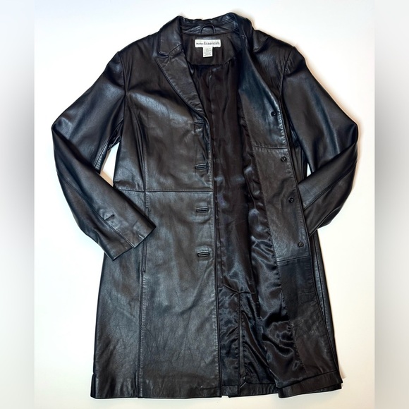 Modern Essentials Women’s Black Leather Button Front Mid Length Coat Size- M - Picture 1 of 8